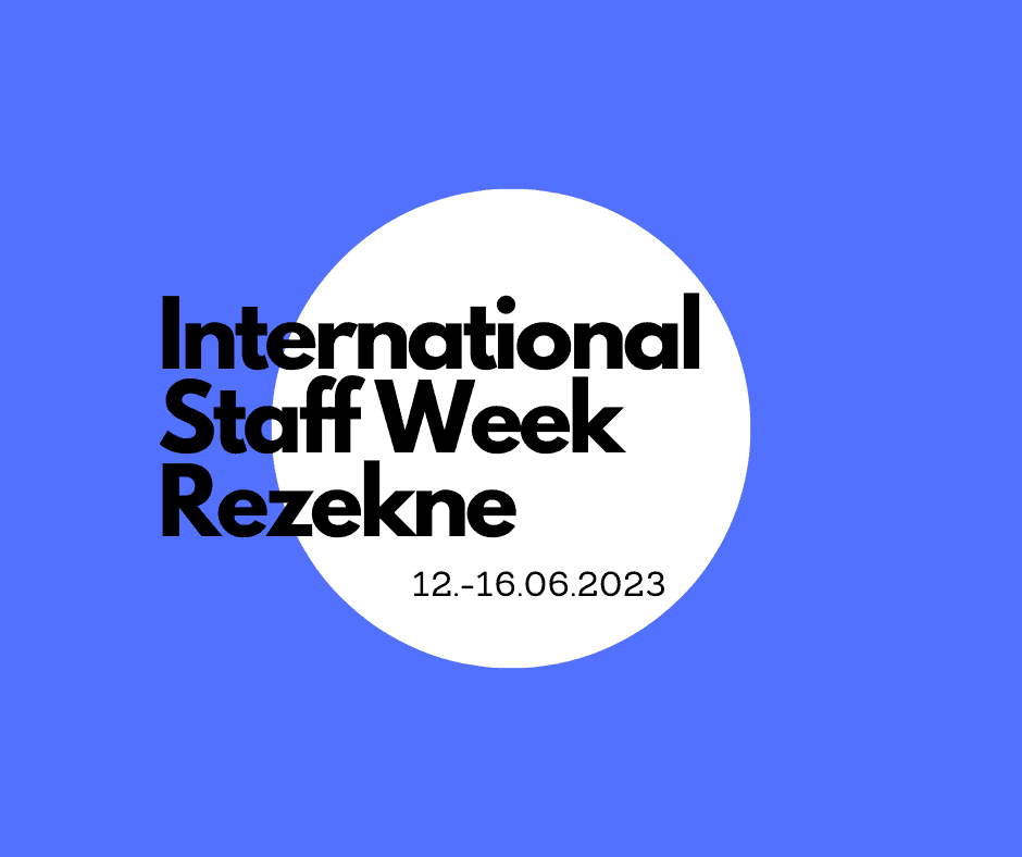 White circle on a blue backround. Black letters saying: "International Staff Week Rezekne. 12.-16.06.2023"